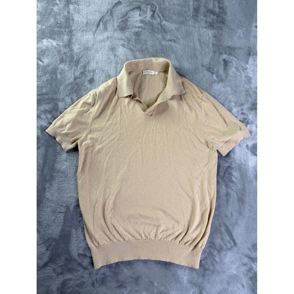 Suitsupply Silk Wool Cashmere Polo Mens L Beige Short Sleeve Ribbed Hem